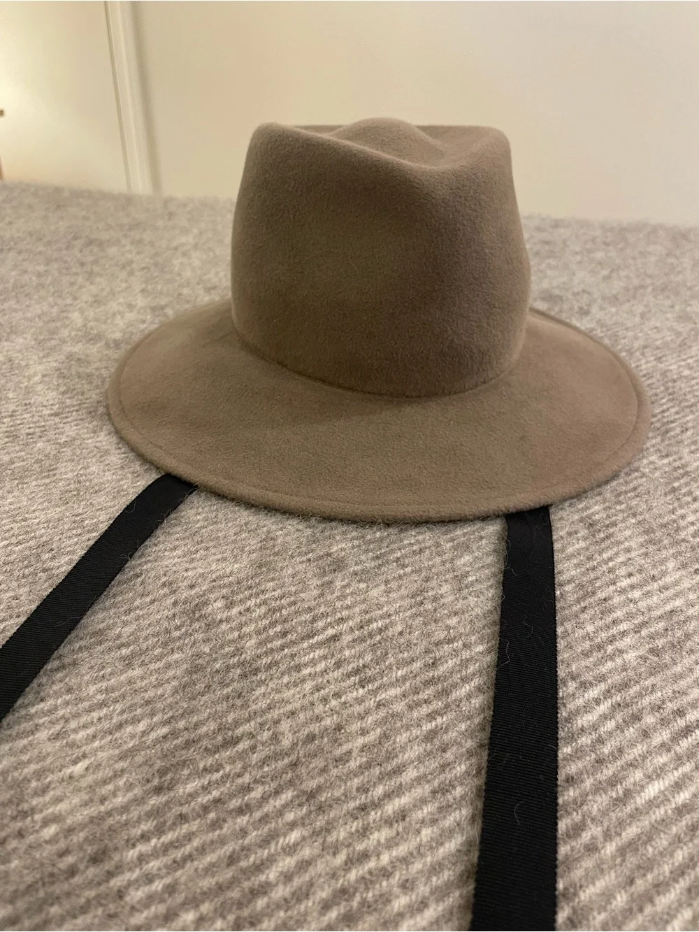 Behida Dolic Millinery Wide Brim Felt Hat in Taupe with Black Chin Strap